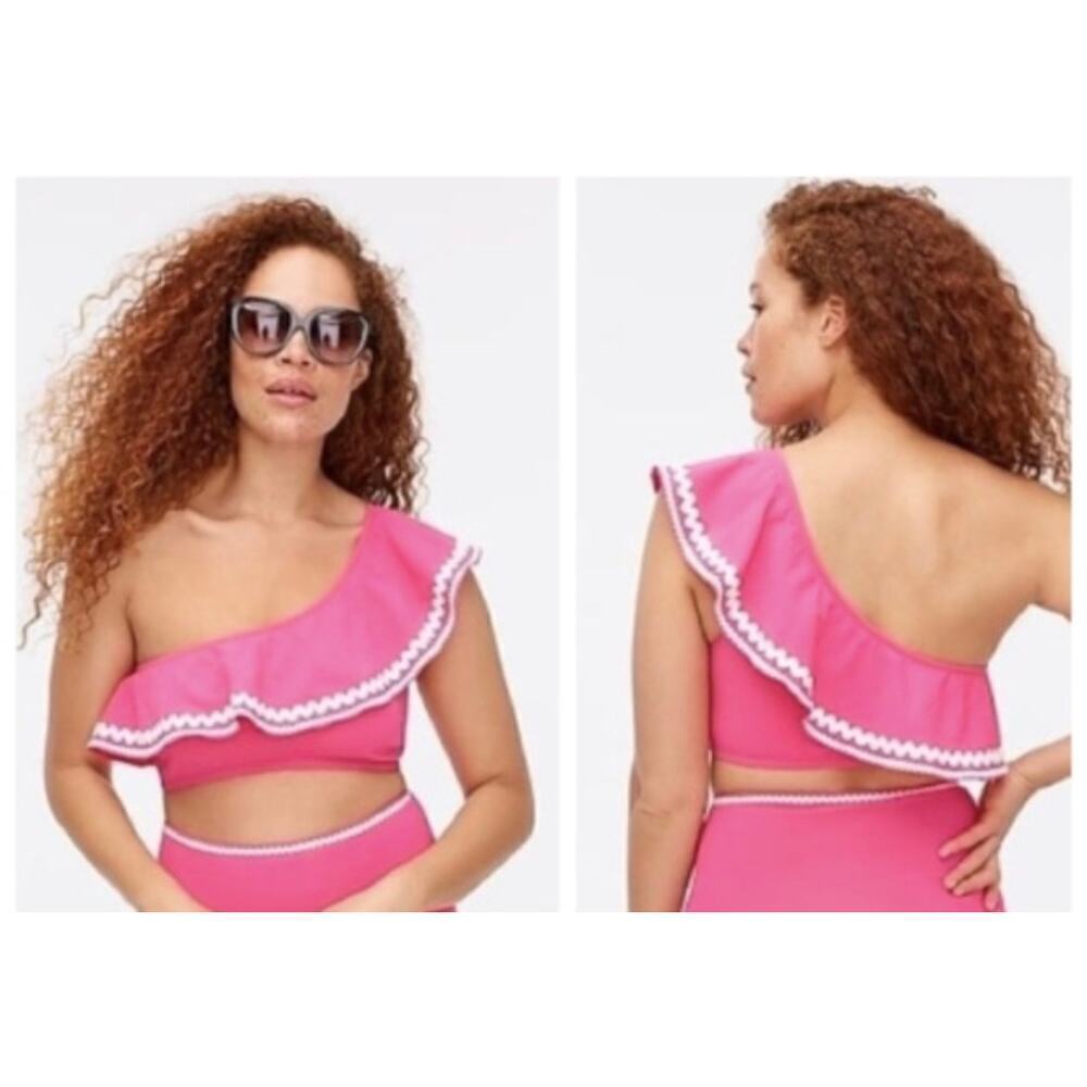 NWT J Crew Pink White Ric Rac Ruffle One Shoulder Bikini Top Sz Small